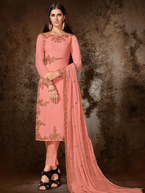 embroidered semi-stitched straight pant suit - 15486656 - Very Small Image - 1