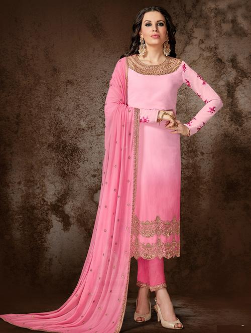 embroidered semi-stitched straight pant suit - 15486683 - Very Small Image - 1