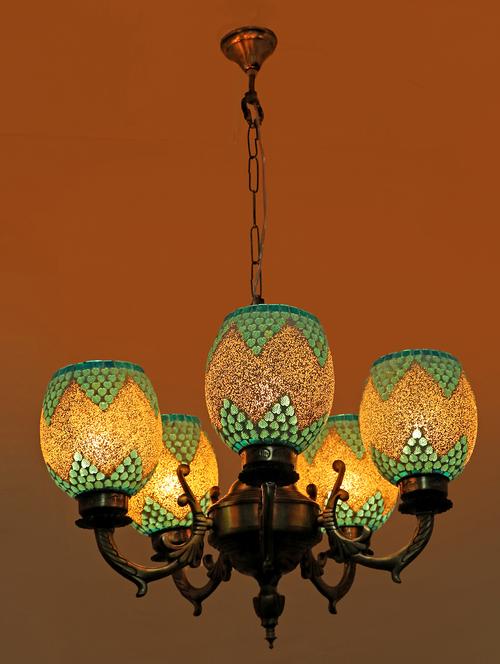 royal chandelier decorate with chips & beeds glass for magical & romantic lighting effect ,5 light ceiling pandent lamp - 15490391 - Very Small Image - 1
