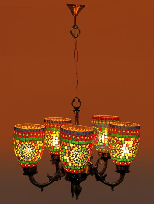 royal chandelier decorate with chips & beeds glass for magical & romantic lighting effect ,5 light ceiling pandent lamp - 15490398 - Very Small Image - 1