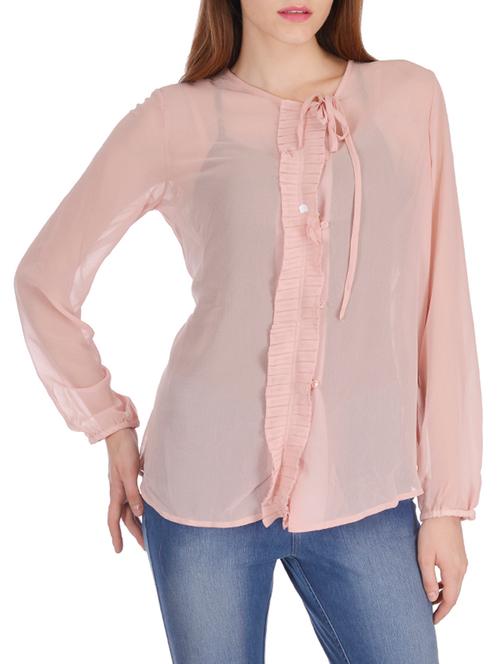 frill detail tie up neck sheer top - 15490414 - Very Small Image - 1