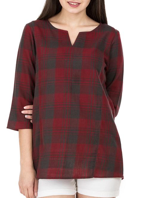 notch neck checkered tunic - 15490628 - Very Small Image - 1