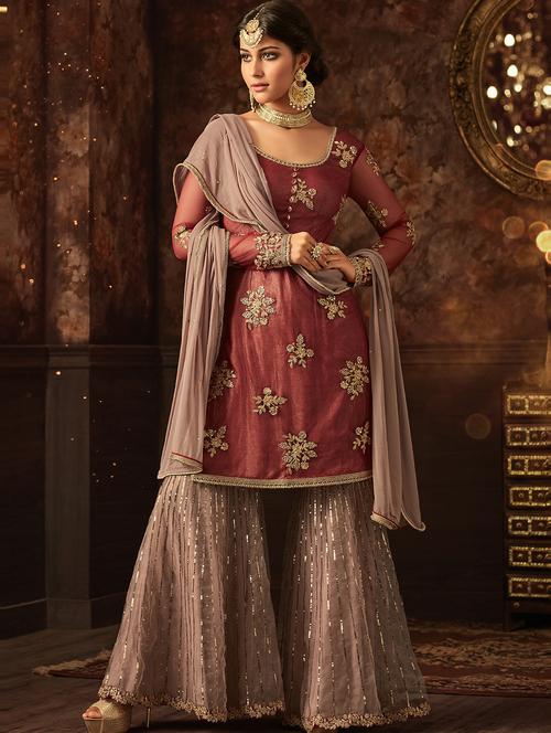 embroidered semi-stitched sharara suit - 15491981 - Very Small Image - 1