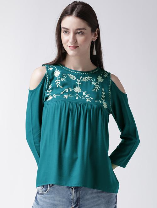 cold shoulder embroidered yoke top - 15493649 - Very Small Image - 1