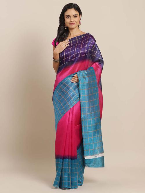 checkered bordered printed saree with blouse - 15494210 - Very Small Image - 1