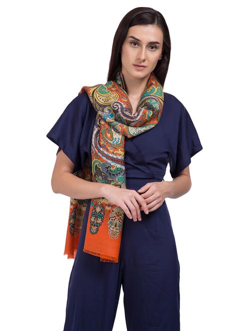 orange printed wool stole - 15495402 - Very Small Image - 1