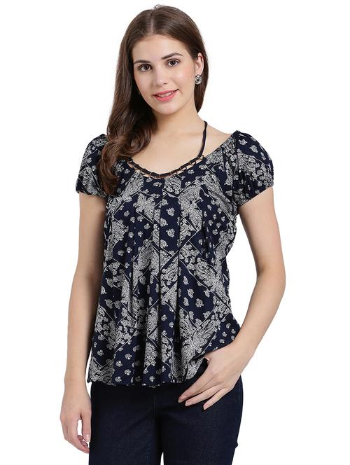 tie-up neck pleat detail printed top - 15496608 - Very Small Image - 1