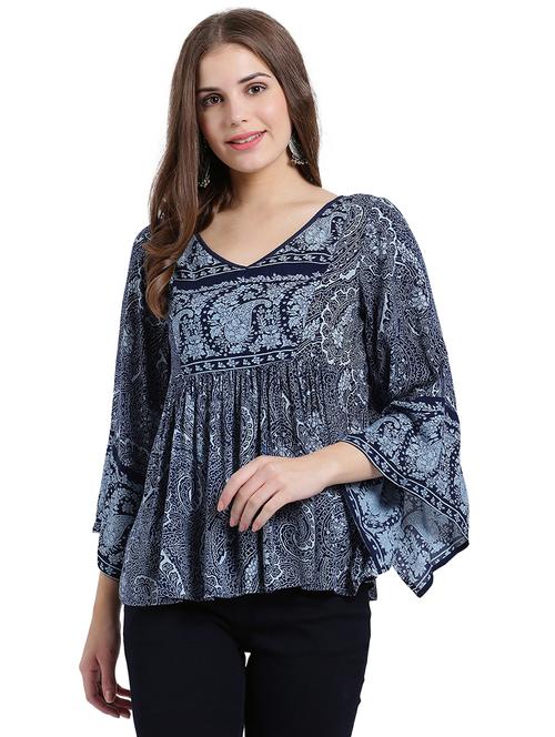 v-neck printed gather detailed top - 15496610 - Very Small Image - 1