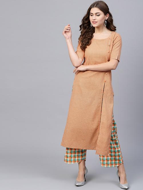 checks front slit kurta with palazzo set - 15497667 - Very Small Image - 1