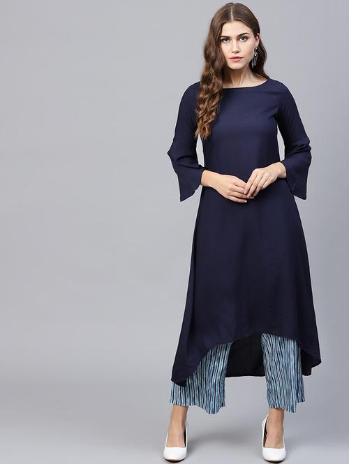 denim blue high-low kurta with palazzo set - 15497677 - Very Small Image - 1