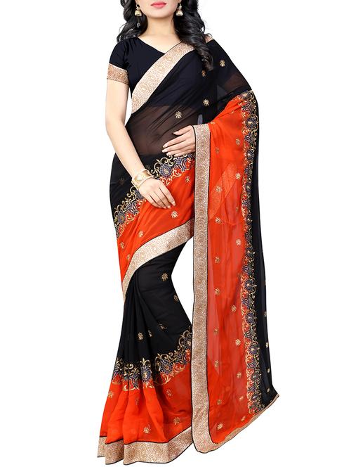 contrast border floral embroidered saree with blouse - 15497799 - Very Small Image - 1