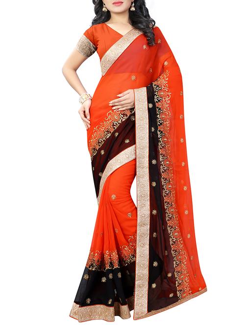 contrast border floral embroidered saree with blouse - 15497812 - Very Small Image - 1