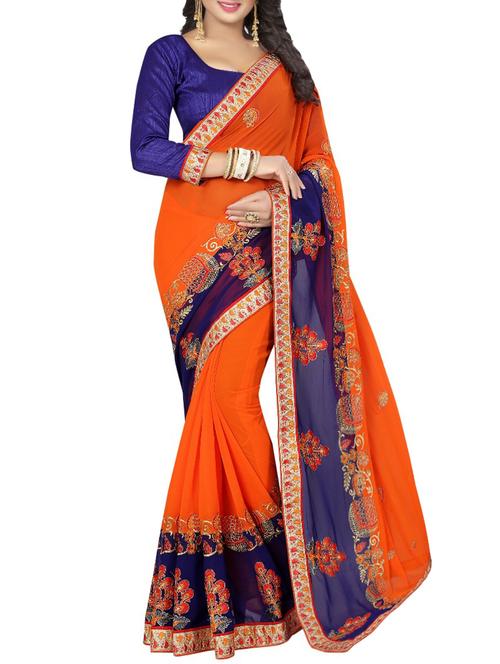 contrast border floral embroidered saree with blouse - 15497871 - Very Small Image - 1