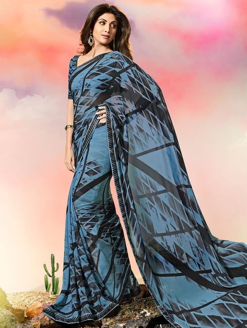 lace border geometrical printed saree with blouse - 15505201 - Very Small Image - 1