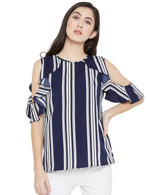 ruffle detailed cold shoulder striped top - 15505847 - Very Small Image - 1