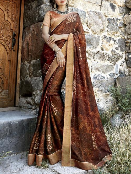 contrast bordered printed saree with blouse - 15506846 - Very Small Image - 1