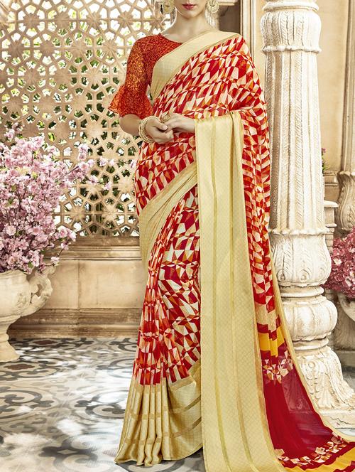 contrast bordered printed saree with blouse - 15506854 - Very Small Image - 1