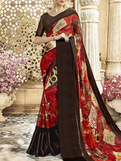 contrast bordered printed saree with blouse - 15506856 - Very Small Image - 1