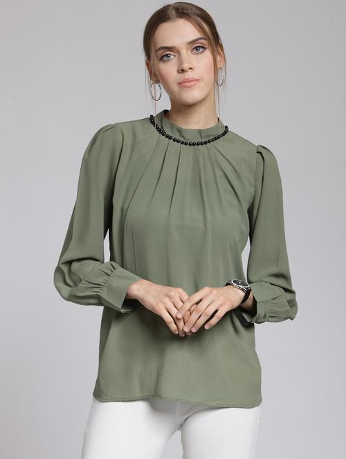 embellished neck pleat detail top - 15507429 - Very Small Image - 1