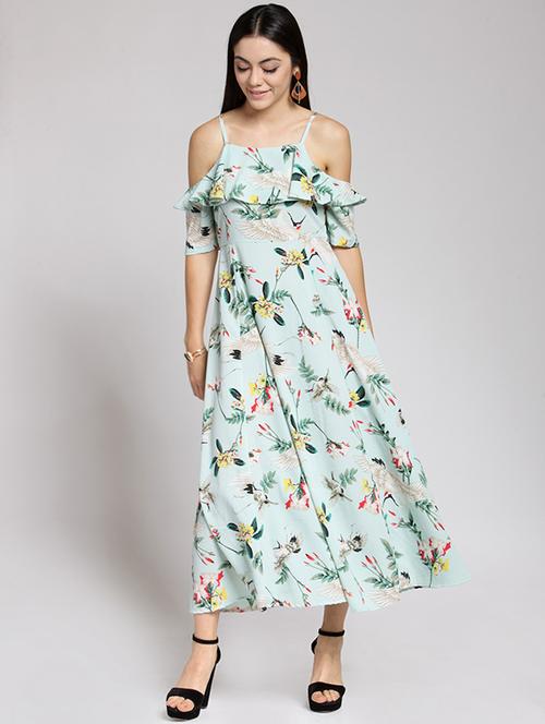 cold shoulder ruffle detailed printed dress - 15507582 - Very Small Image - 1