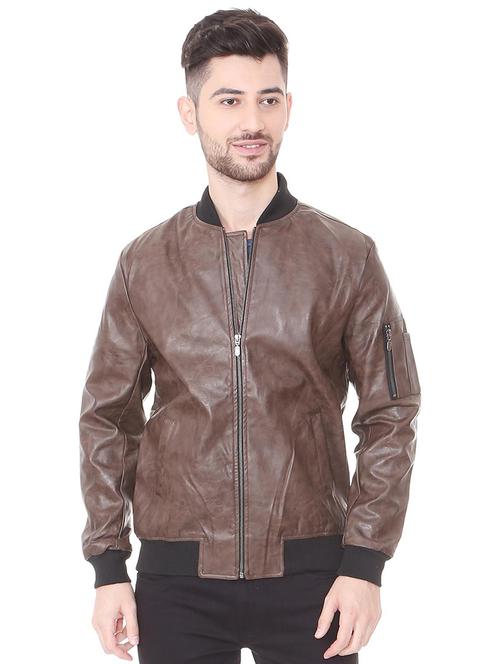 brown solid biker jacket - 15512760 - Very Small Image - 1