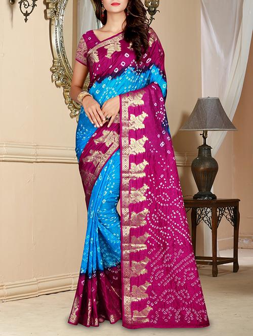 contrast zari border bandhani saree with blouse - 15514887 - Very Small Image - 1