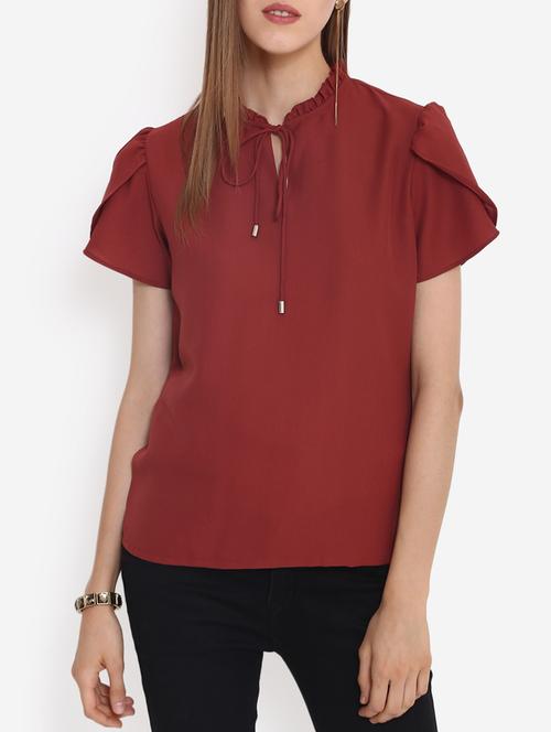 tie-up neck frill trim tulip sleeved top - 15514983 - Very Small Image - 1