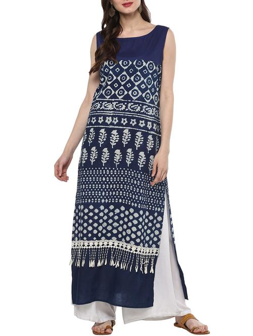 indigo hemline detailed with lace inserts. kurta - 15515154 - Very Small Image - 1