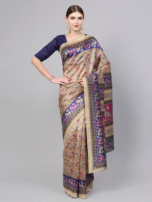 contrast border conversational printed saree with blouse - 15515896 - Very Small Image - 1