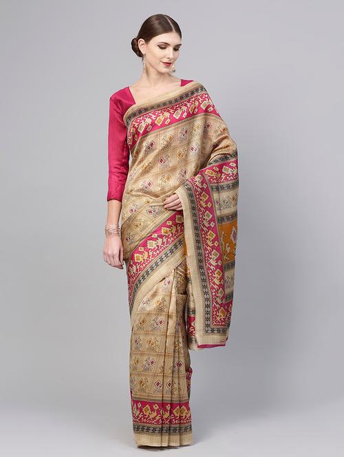contrast border conversational printed saree with blouse - 15515897 - Very Small Image - 1