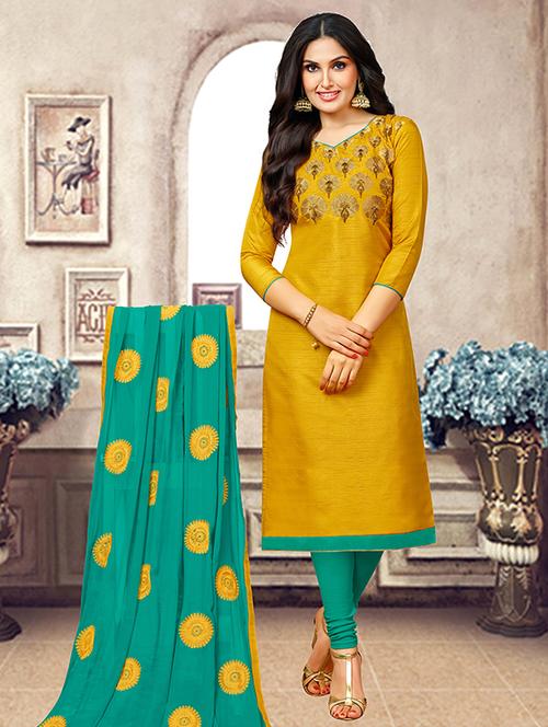 yellow art silk unstitched suit - 15515906 - Very Small Image - 1