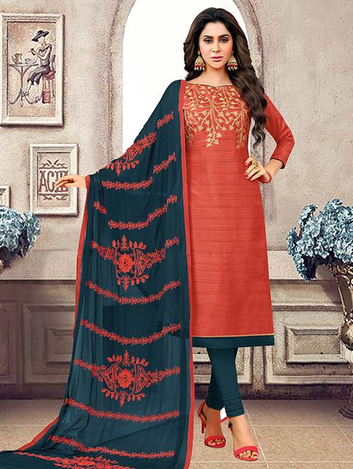 red art silk unstitched suit - 15515908 - Very Small Image - 1