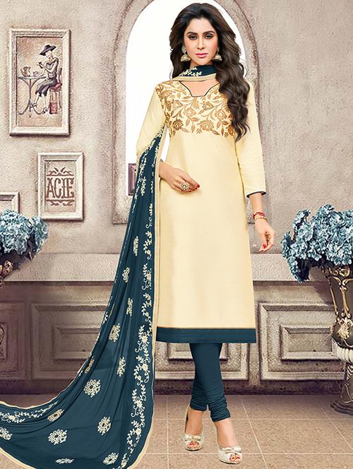 cream silk unstitched suit - 15515912 - Very Small Image - 1