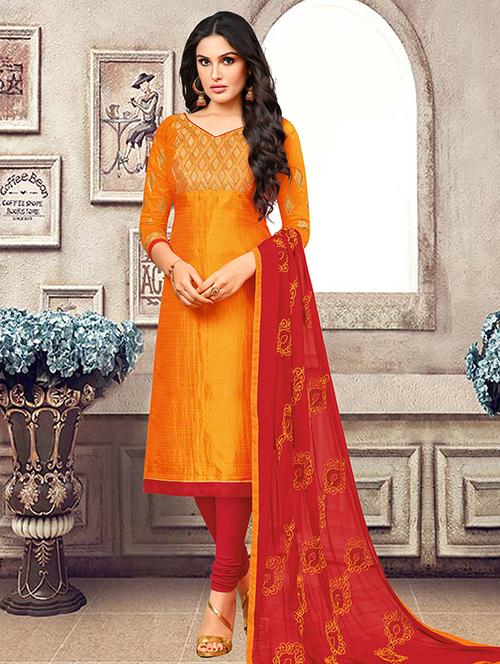 orange art silk unstitched suit - 15515916 - Very Small Image - 1