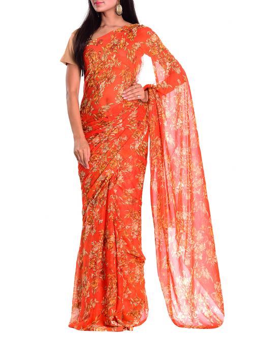 floral printed orange saree with blouse - 15516809 - Very Small Image - 1