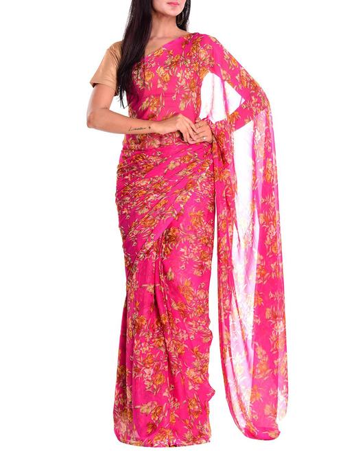floral printed pink saree with blouse - 15516814 - Very Small Image - 1