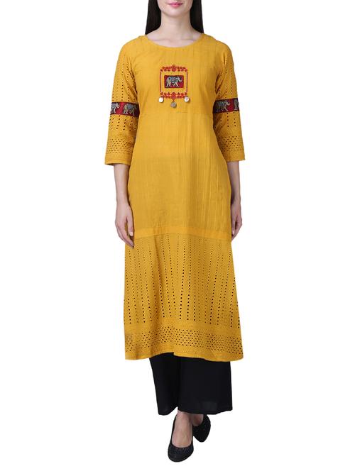 embroidered schiffli straight kurta - 15517109 - Very Small Image - 1