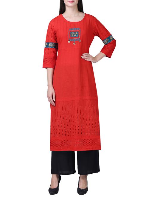 embroidered schiffli straight kurta - 15517110 - Very Small Image - 1