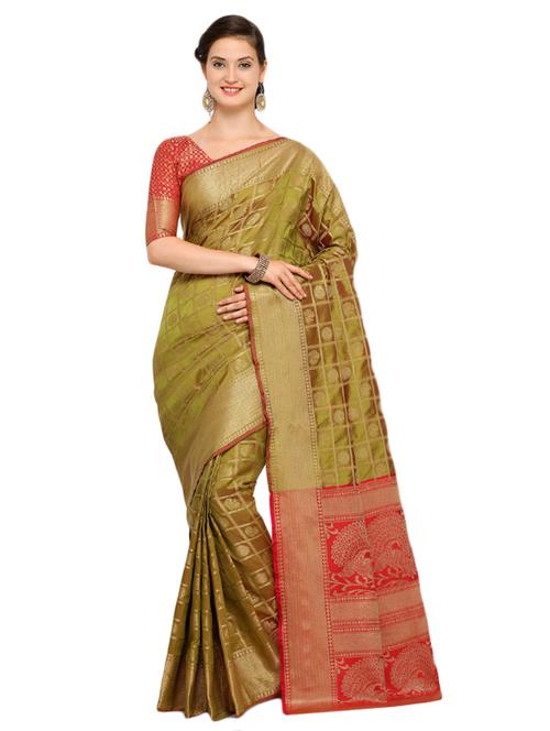 contrast conversational pallu banarasi saree with blouse - 15517202 - Very Small Image - 1