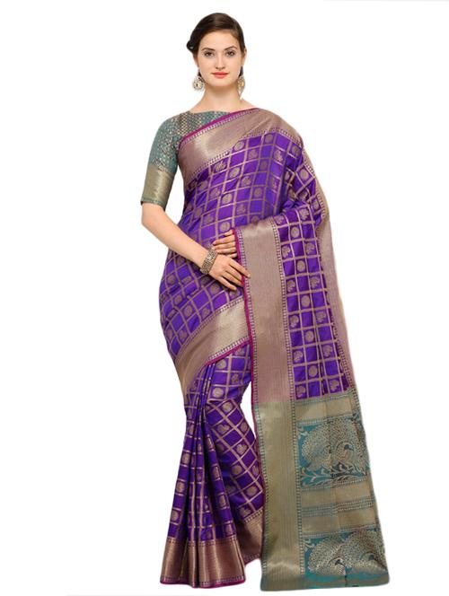 contrast conversational pallu banarasi saree with blouse - 15517204 - Very Small Image - 1