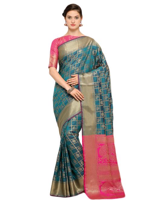 contrast conversational pallu banarasi saree with blouse - 15517205 - Very Small Image - 1