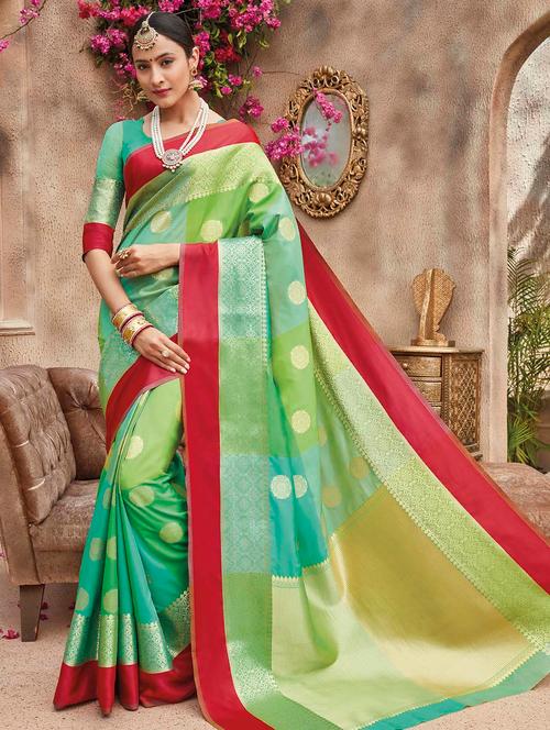 colour block zari banarasi saree with blouse - 15517250 - Very Small Image - 1