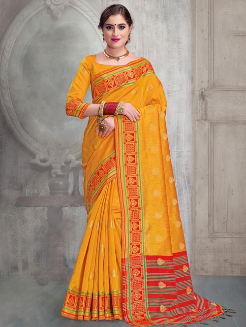 contrast striped pallu banarasi saree with blouse - 15517263 - Very Small Image - 1