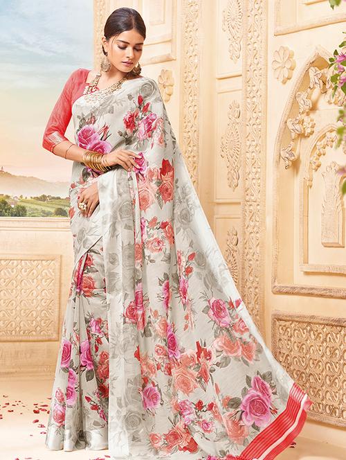 floral printed grey saree with blouse - 15517271 - Very Small Image - 1