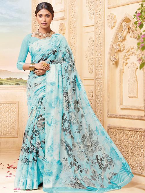 floral printed sky blue saree with blouse - 15517272 - Very Small Image - 1