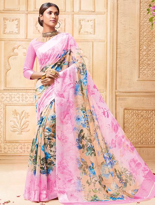 contrast border floral printed saree with blouse - 15517273 - Very Small Image - 1