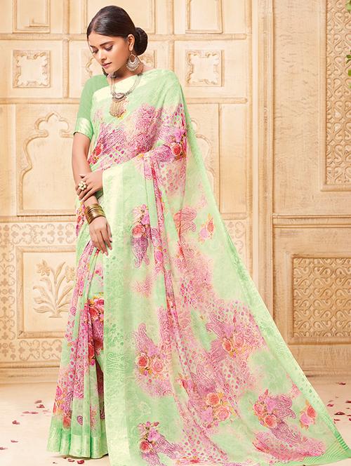 floral printed green saree with blouse - 15517275 - Very Small Image - 1