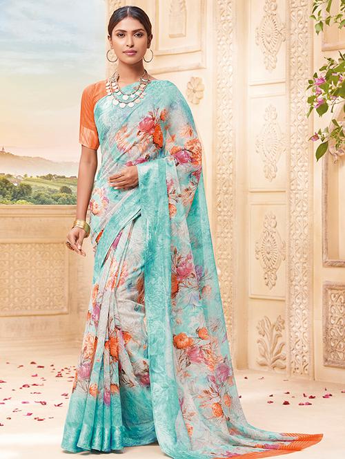 floral printed sky blue saree with blouse - 15517277 - Very Small Image - 1