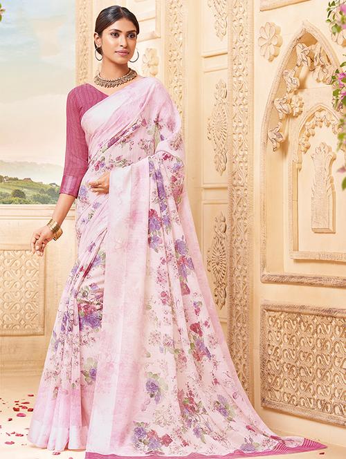floral printed pink saree with blouse - 15517279 - Very Small Image - 1