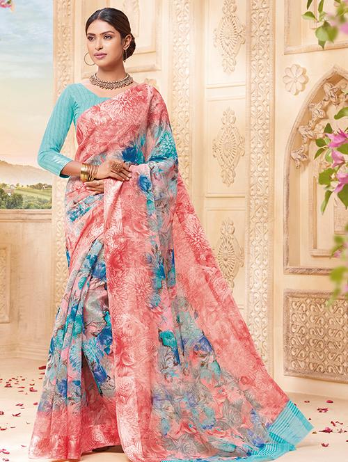 floral printed peach saree with blouse - 15517280 - Very Small Image - 1